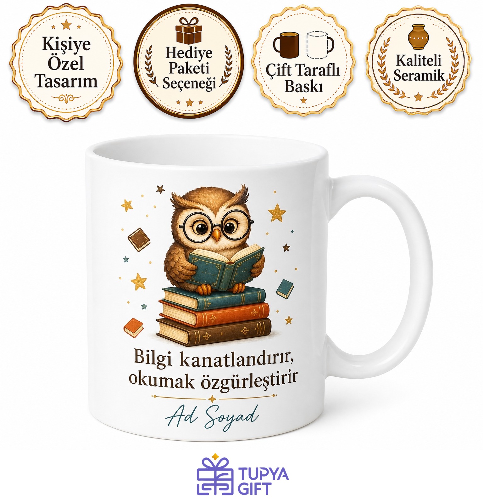 Gözlüklü Kitap Okuyan Baykuş Bilge Öğrenci Hediye Kupası Porselen Bardak