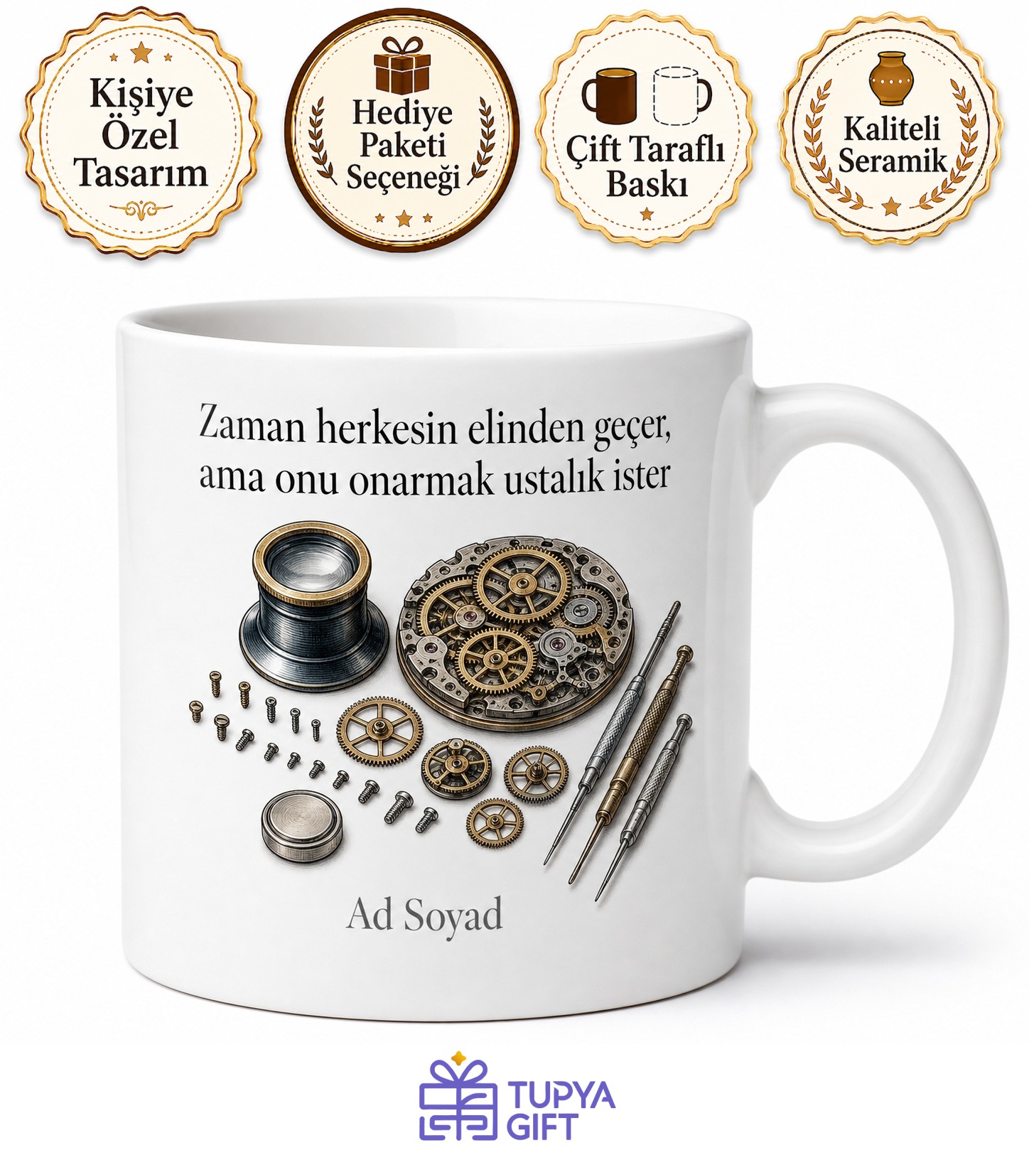 Saat Tamircisine Hediye Mikro Vida Büyüteçli Göz Saat Mekanizması Baskılı Kupa Bardak