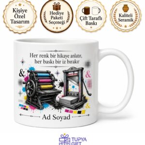 Matbaacıya Hediye Baskı Makinesi CMYK Matbaa Temalı Porselen Kupa Bardak