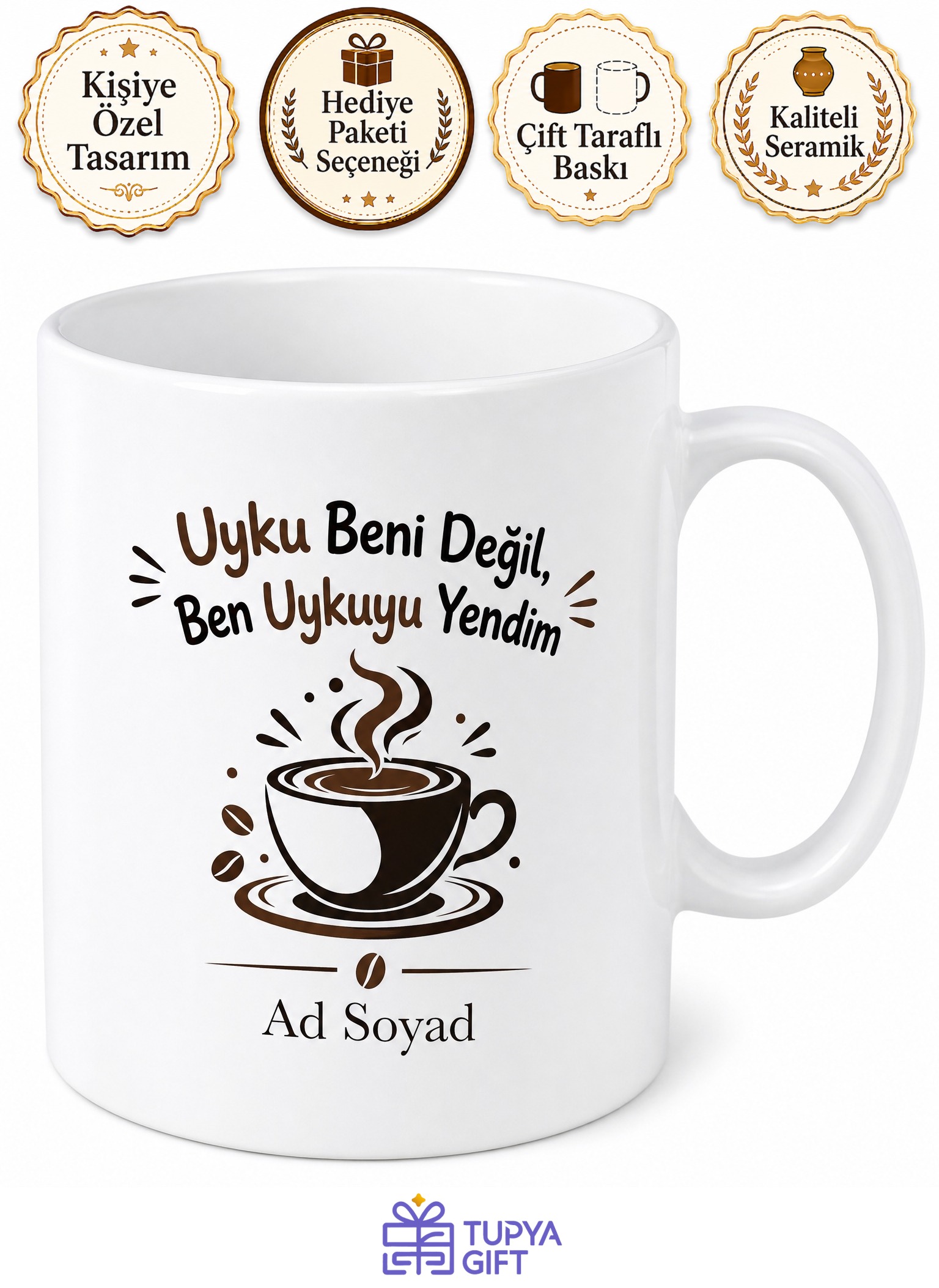 Double Espresso Uykusuzluk Temalı Baskılı Porselen Kupa Bardak Kahve Hediye