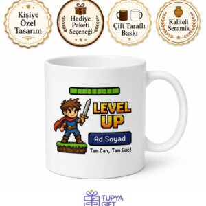Oyun Dünyası Piksel Karakter Level Up Can Barı Tam Dolu Kupa Bardak Hediye