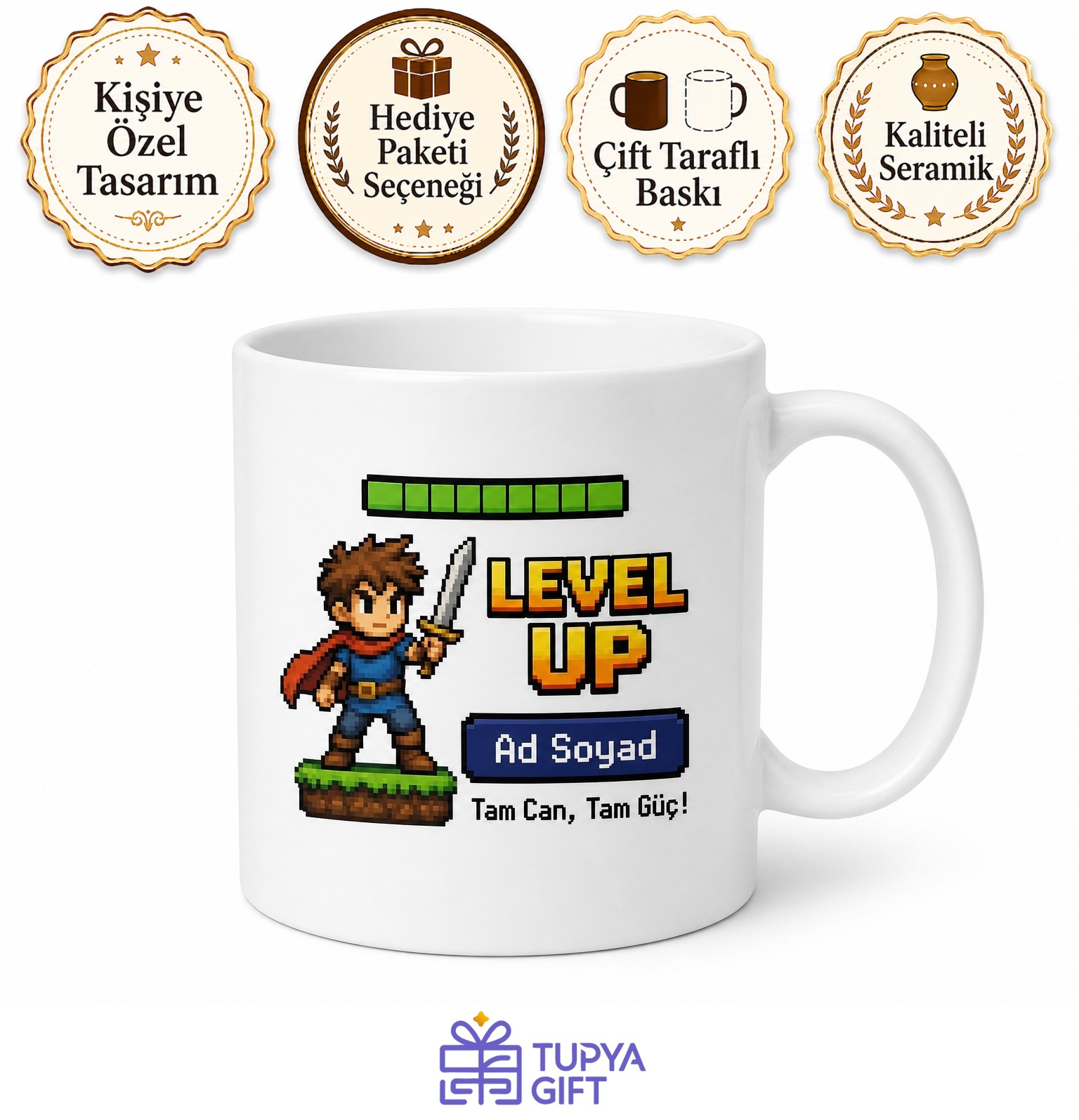 Oyun Dünyası Piksel Karakter Level Up Can Barı Tam Dolu Kupa Bardak Hediye