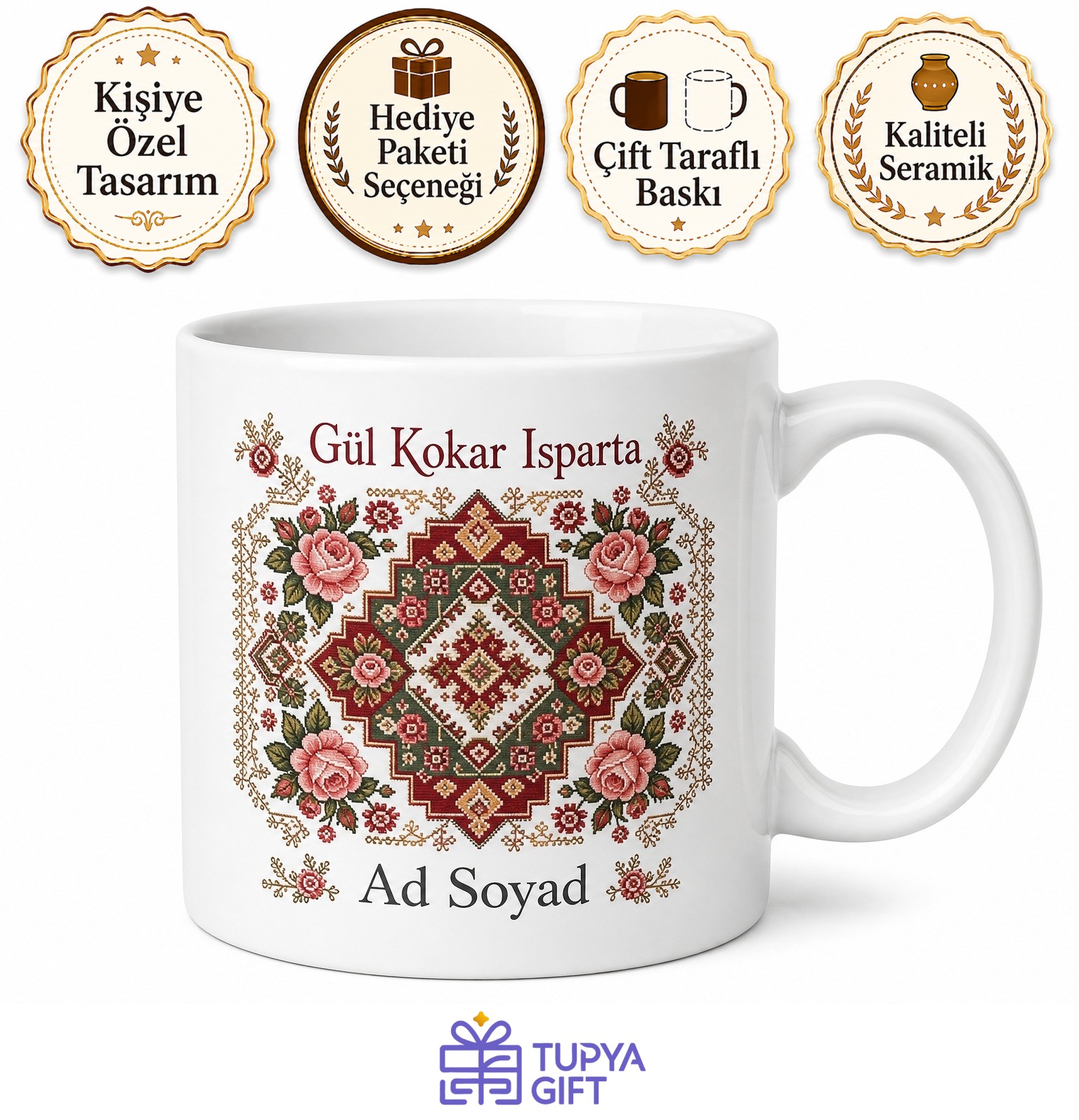 Isparta Gönen Gül Bahçeleri Halı Dokuma İğne Oyası Yöresel Motif Kupa Hediye Bardak