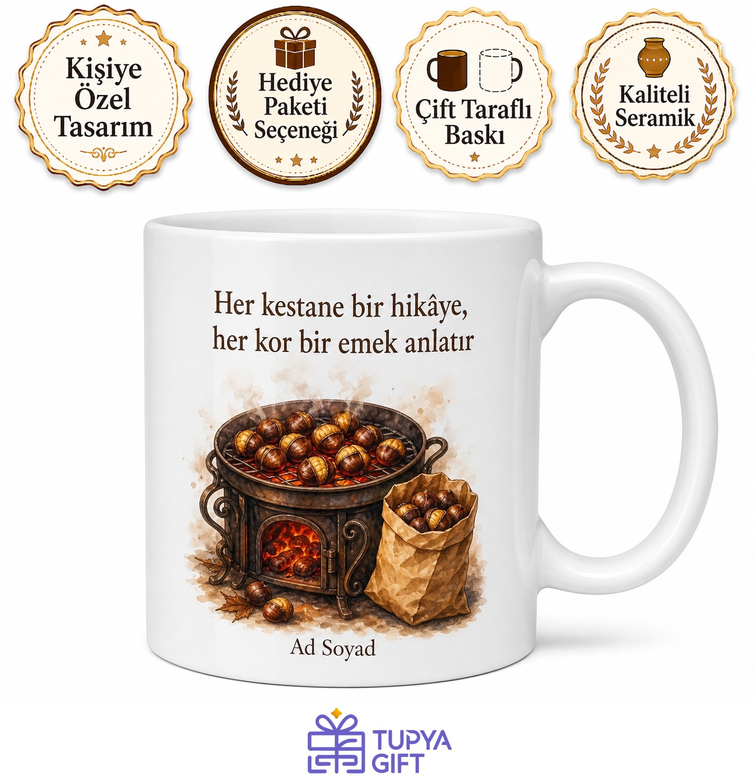 Kestaneciye Hediye Soba Üstü Çizik Kestane Kese Kağıdı Kış Nostaljisi Çay Kupa Bardak