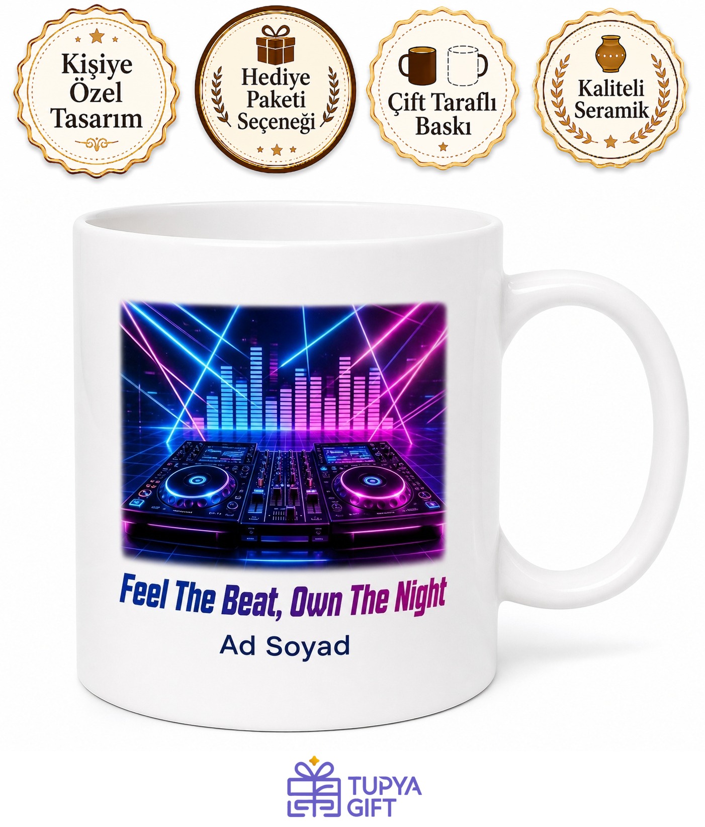 Elektronik Müzik DJ Seti Lazer Işıkları Bas Frekansı Temalı Baskılı Kupa Bardak Hediye