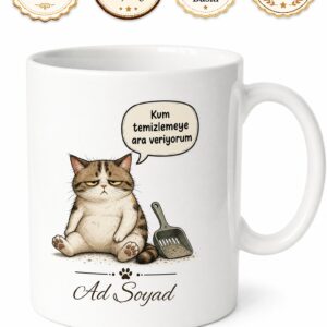 Kedi Kumu Temizlemekten Yorulan Kedili Ev Sahibi Esprili Kupa Bardak Hediye