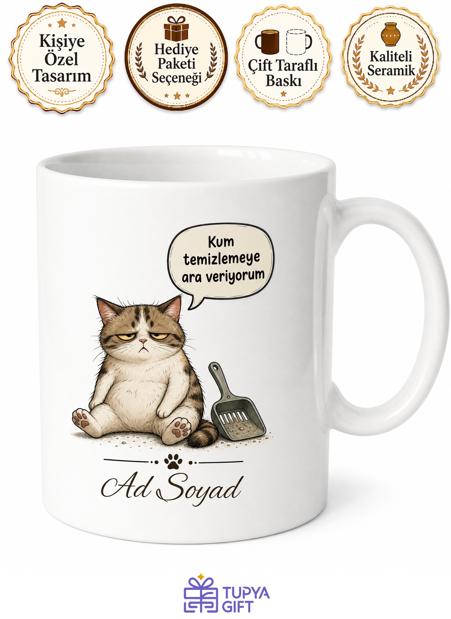 Kedi Kumu Temizlemekten Yorulan Kedili Ev Sahibi Esprili Kupa Bardak Hediye