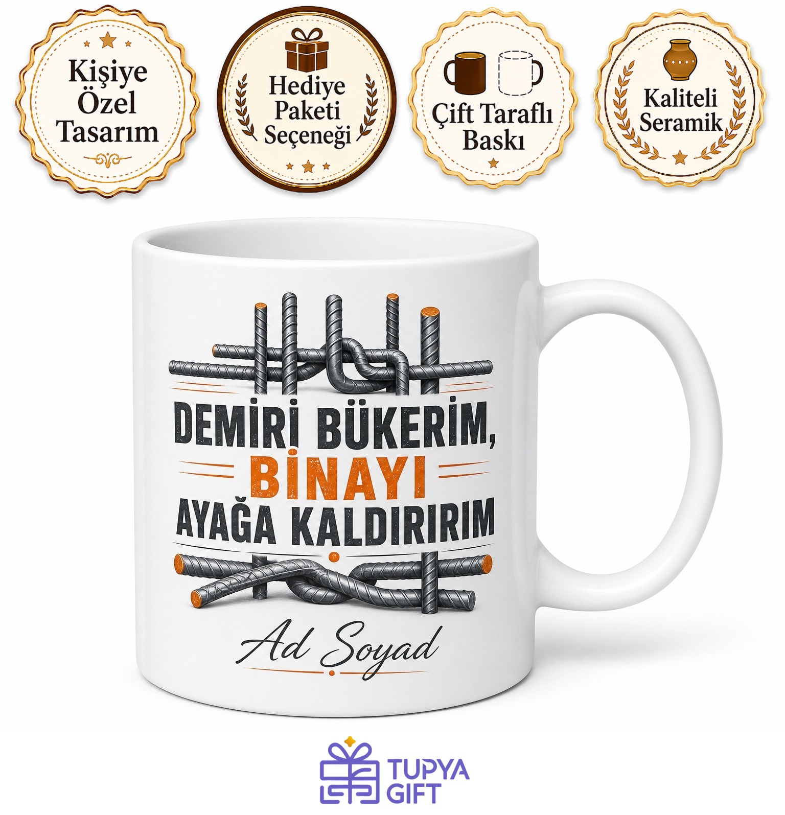 Demir Bağlama Ustası Binaların İskeletini Kuran İsim Yazılı Kupa Bardak Hediye
