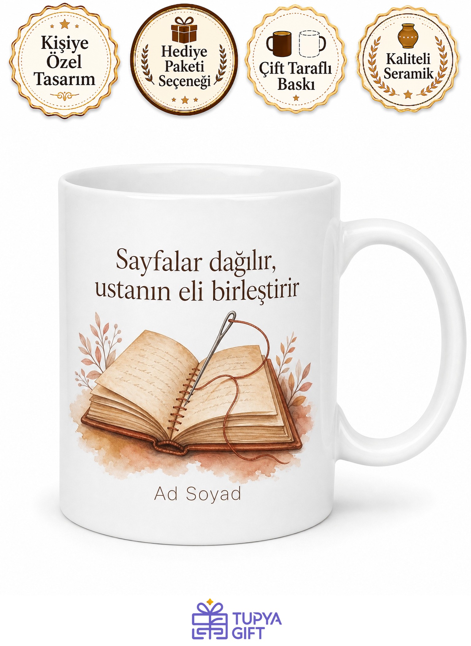 Matbaa Ciltleme Ustası Sayfaları Birleştiren Çay Kupası Hediye Bardak