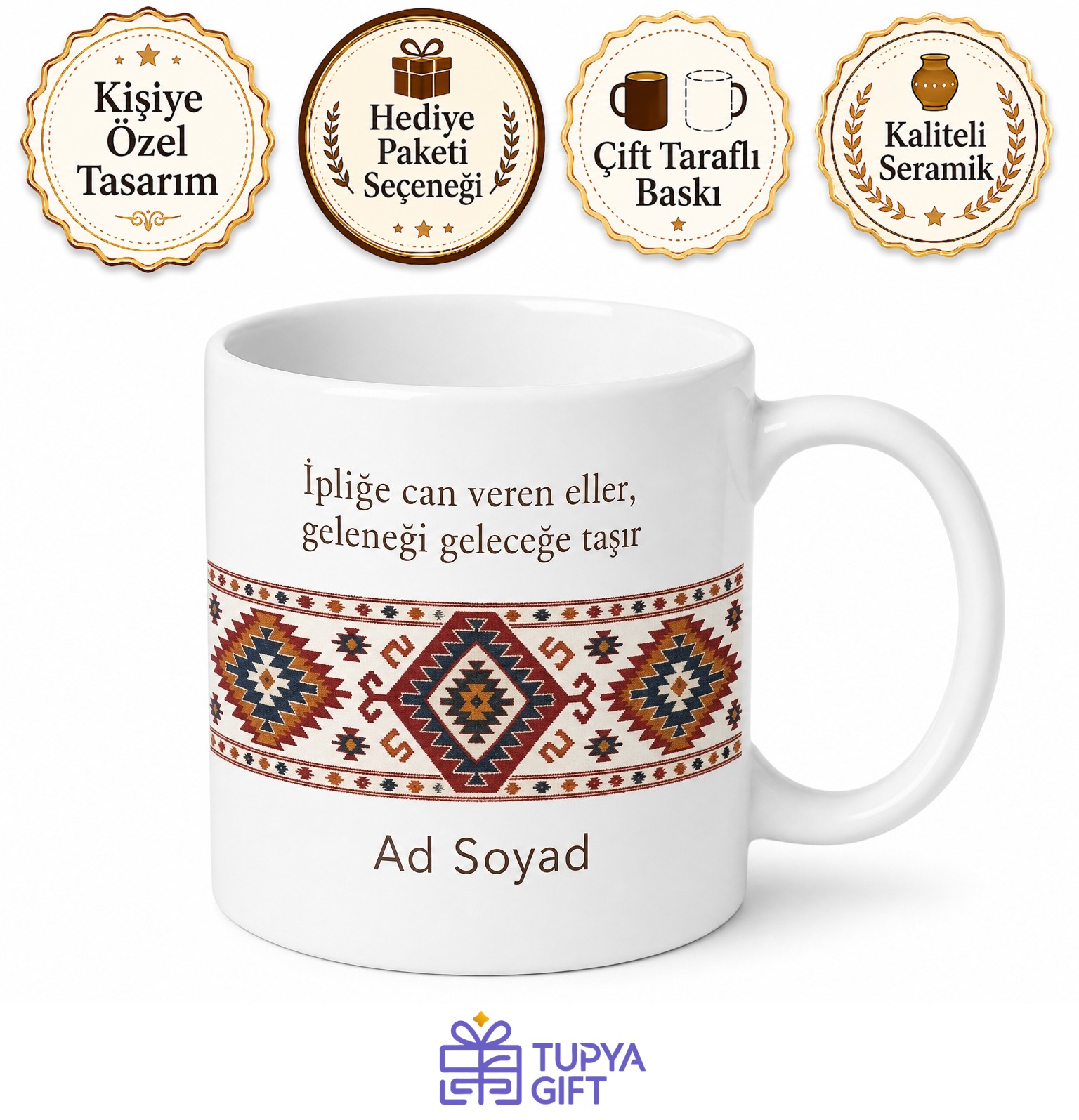 Kilim Dokuyucusu Kök Boya Geometrik Motif İsim Yazılı Kupa Bardak Hediye
