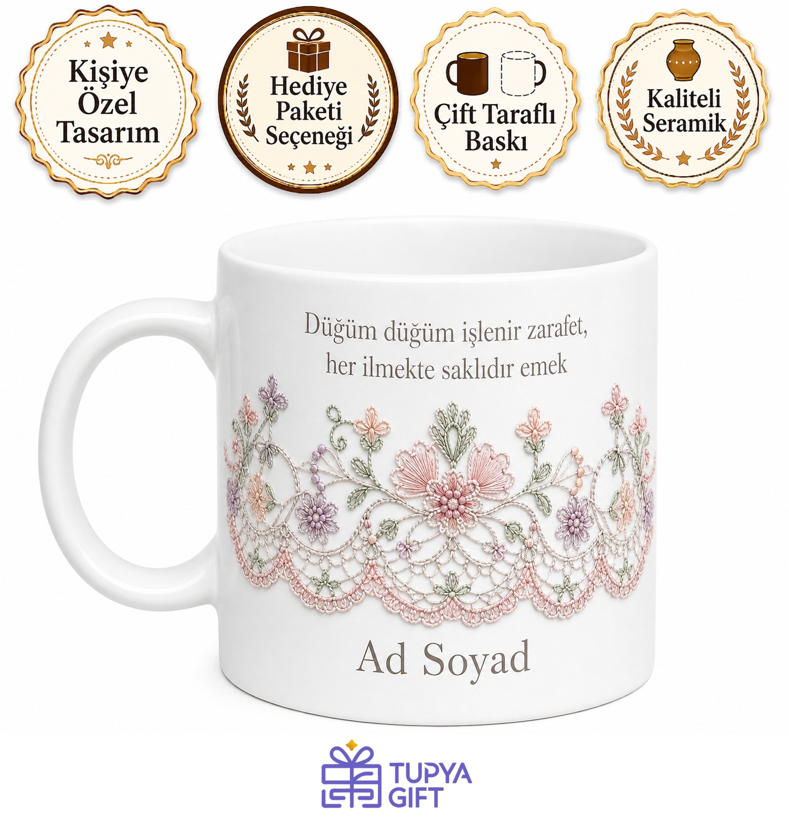 İğne Oyası Ustası Düğüm Düğüm Zarafet Çay Kupası Hediye Bardak