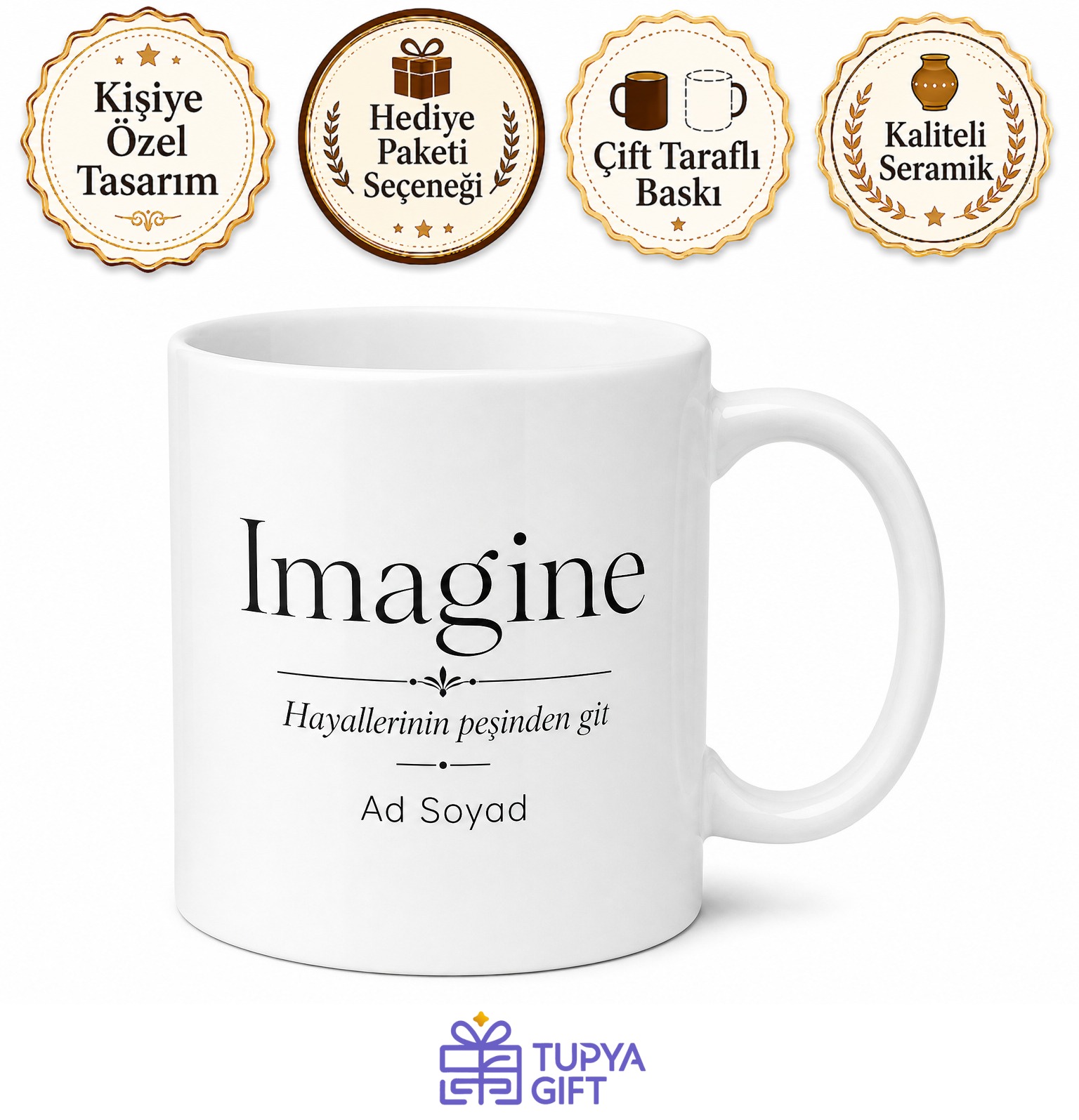 Imagine Yazılı Hayal Et İngilizce Çay Kupası Porselen Bardak Hediye Mug