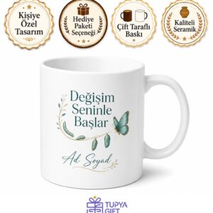 Change Temalı Değişim İngilizce Çay Kupası Motivasyon Hediye Bardak