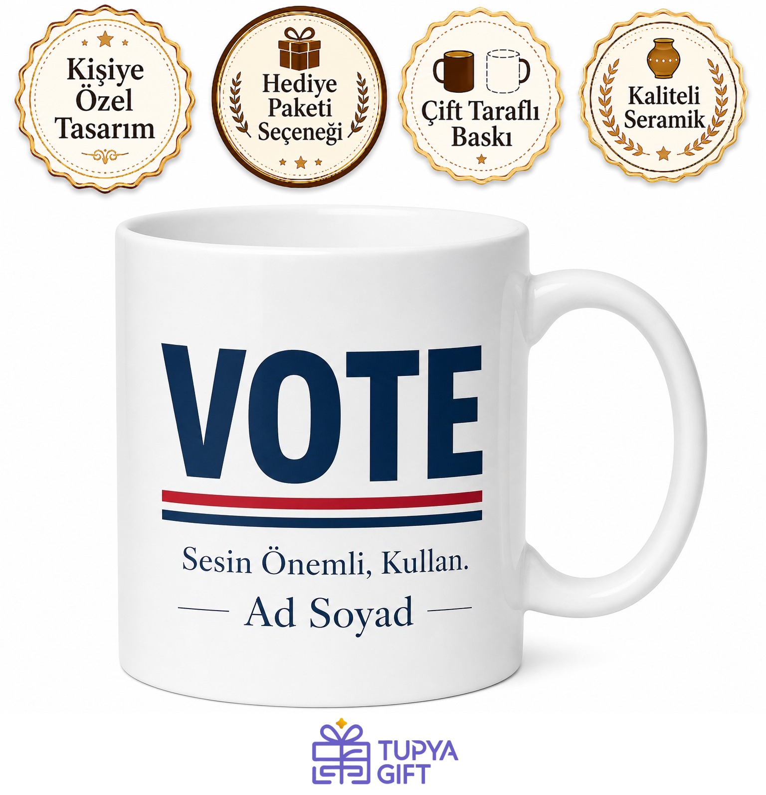 Vote Baskılı Oy Ver İngilizce Kahve Kupası Porselen Bardak Hediye Mug