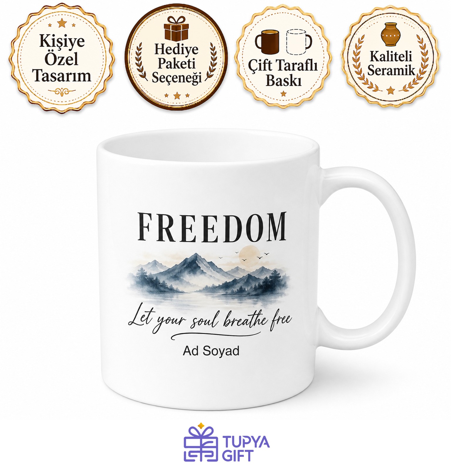 Freedom Baskılı Özgürlük İngilizce Kupa Bardak Motivasyon Hediye