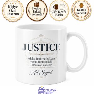 Justice Yazılı Adalet İngilizce Çay Kupası Porselen Bardak Hediye