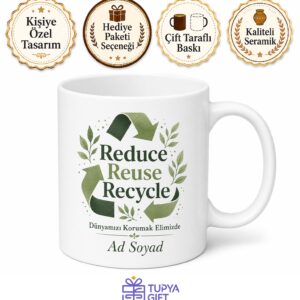 Reduce Reuse Recycle Temalı Azalt Yeniden Kullan Geri Dönüştür İngilizce Kupa Bardak Hediye