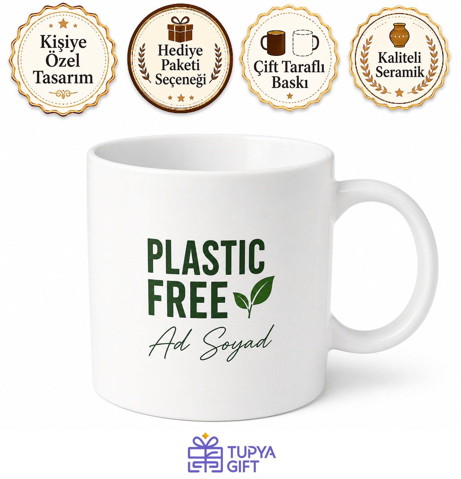 Plastic Free Yazılı Plastiksiz İngilizce Çay Kupası Porselen Hediye Bardak