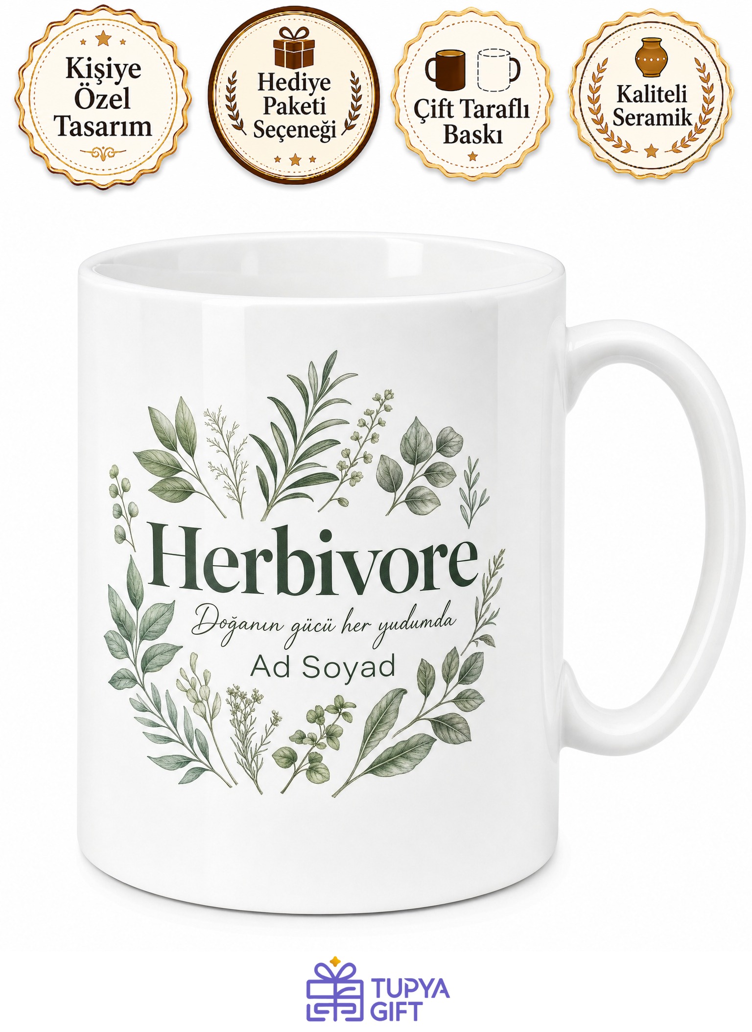 Herbivore Yazılı Otçul İngilizce Kupa Bardak Vegan Hediye Porselen Mug