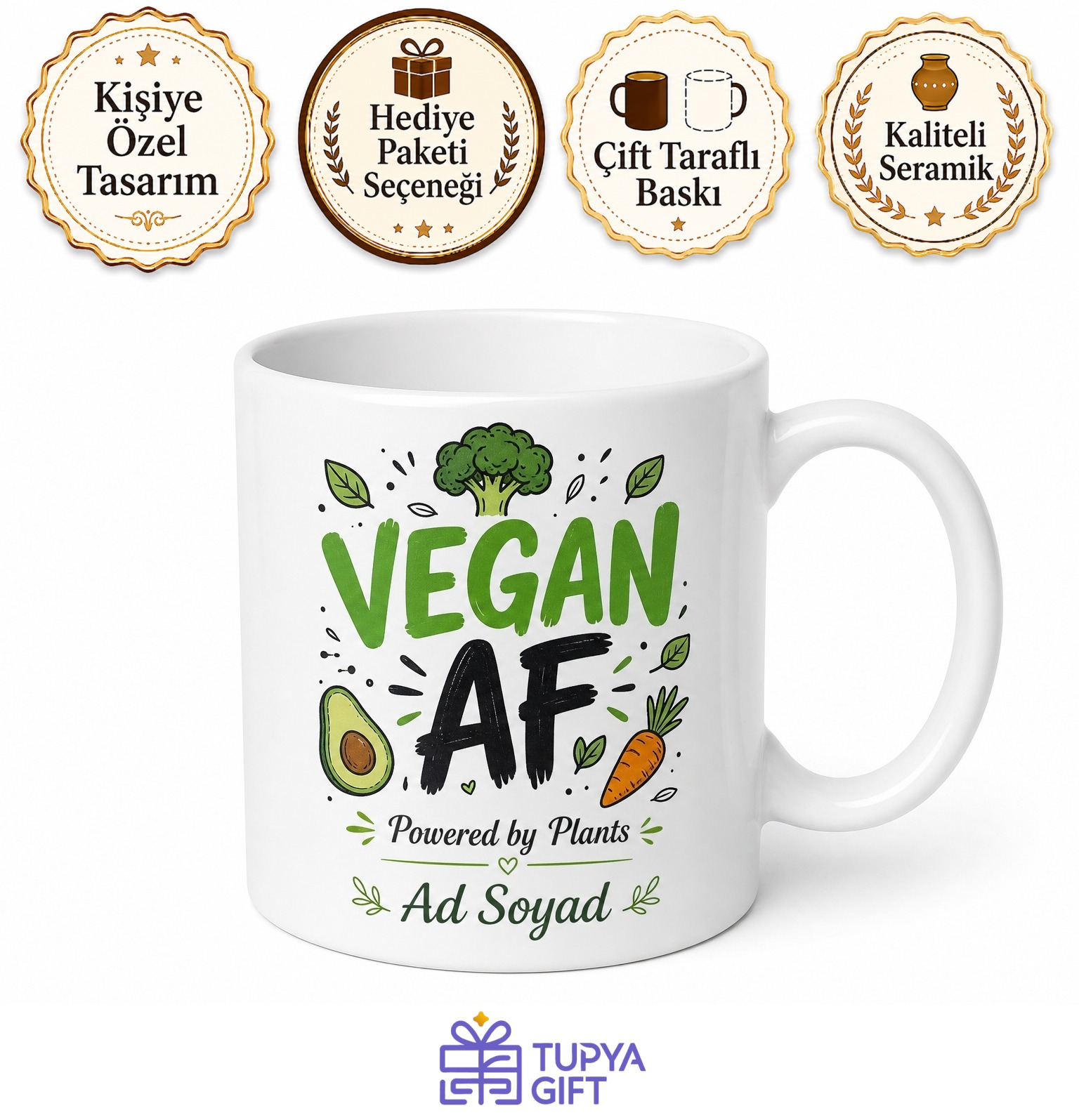 Vegan AF Temalı Çok Vegan İngilizce Kupa Bardak Porselen Hediye