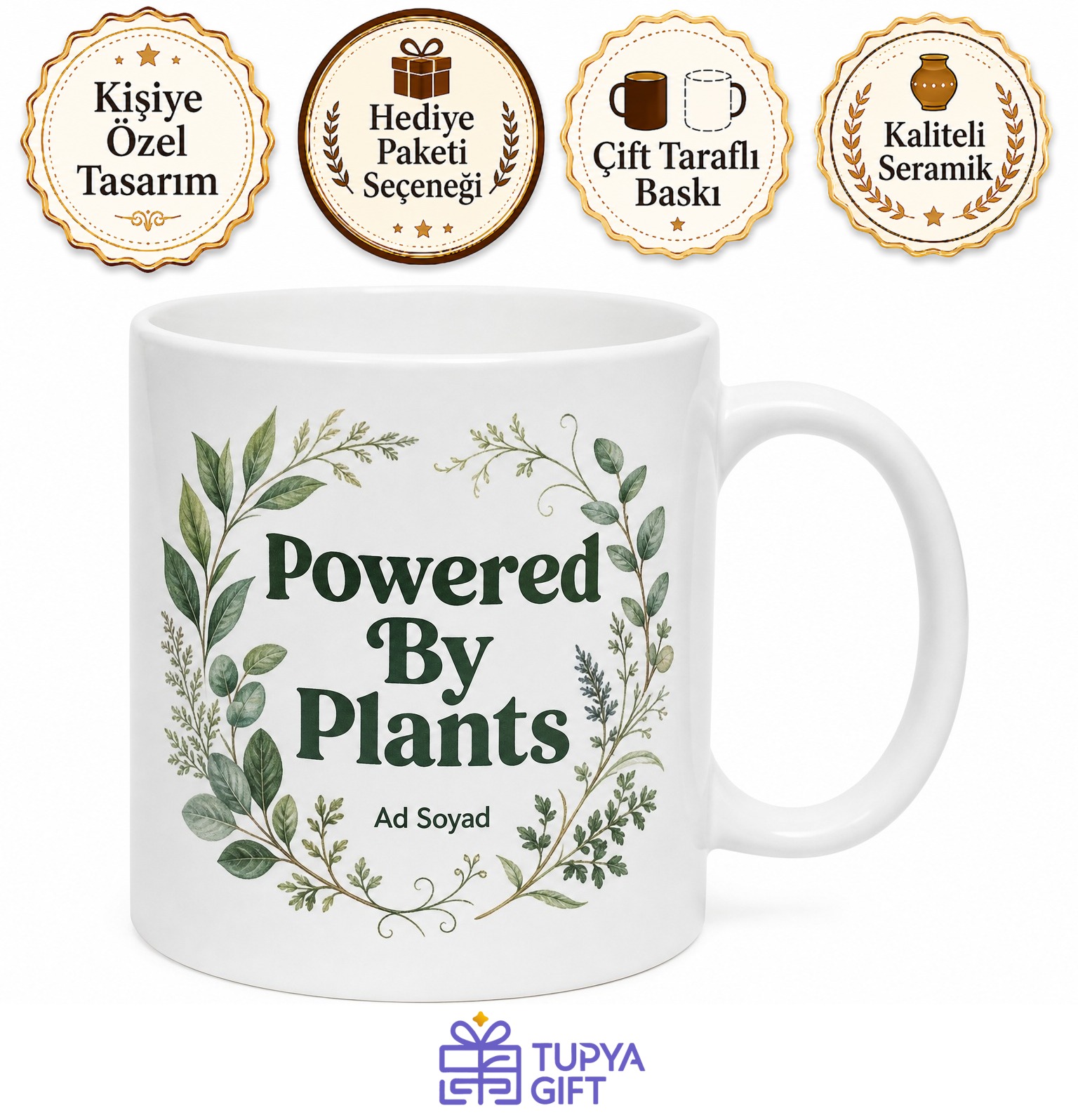 Powered By Plants Baskılı Bitkilerle Çalışır İngilizce Çay Kupası Hediye