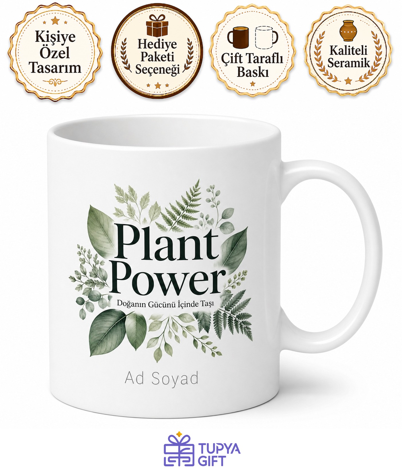 Plant Power Yazılı Bitki Gücü İngilizce Kahve Kupası Hediye Baskılı Kupa Bardak