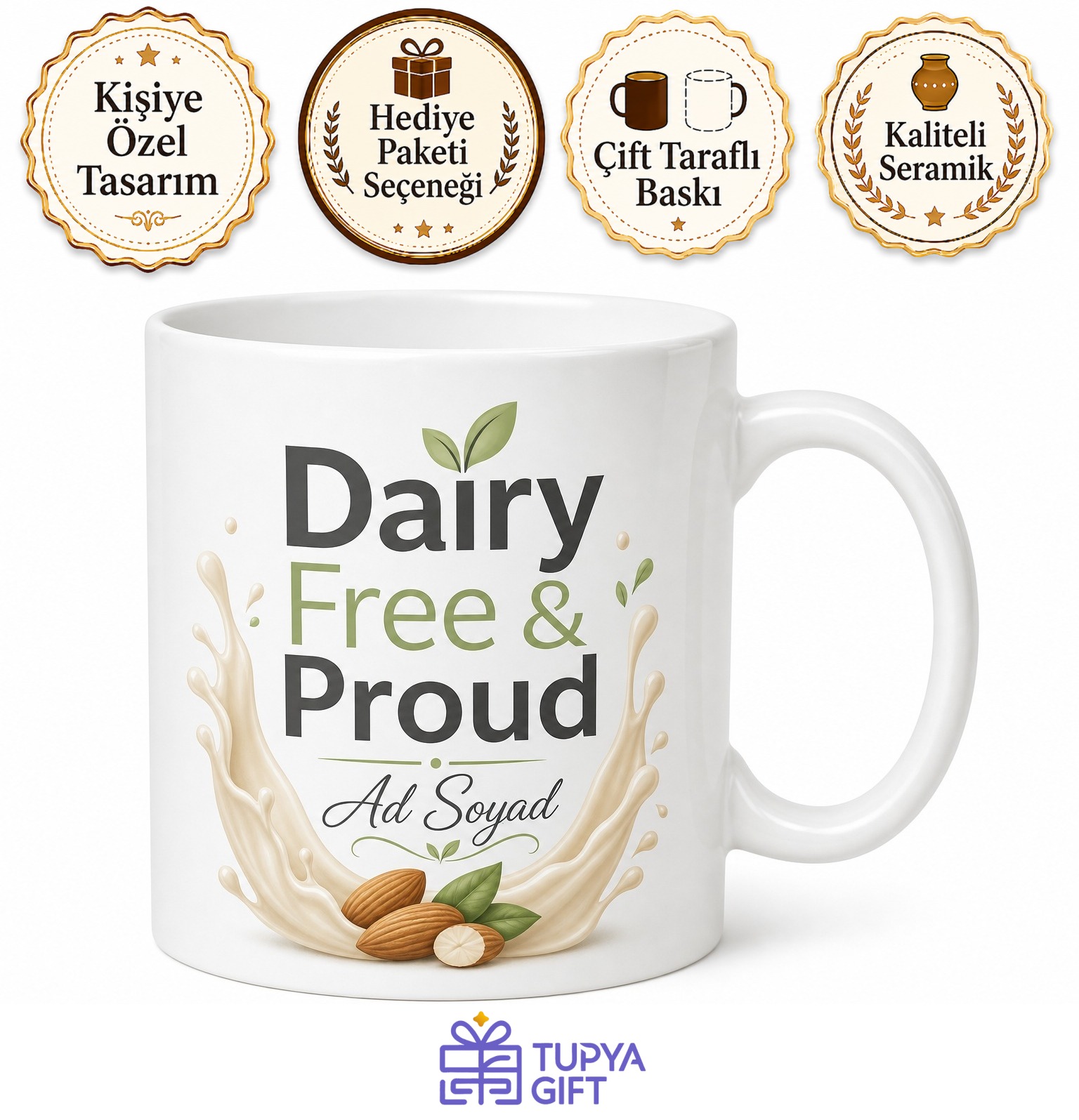 Dairy Free Baskılı Süt Ürünü İçermez İngilizce Kahve Kupası Hediye Bardak
