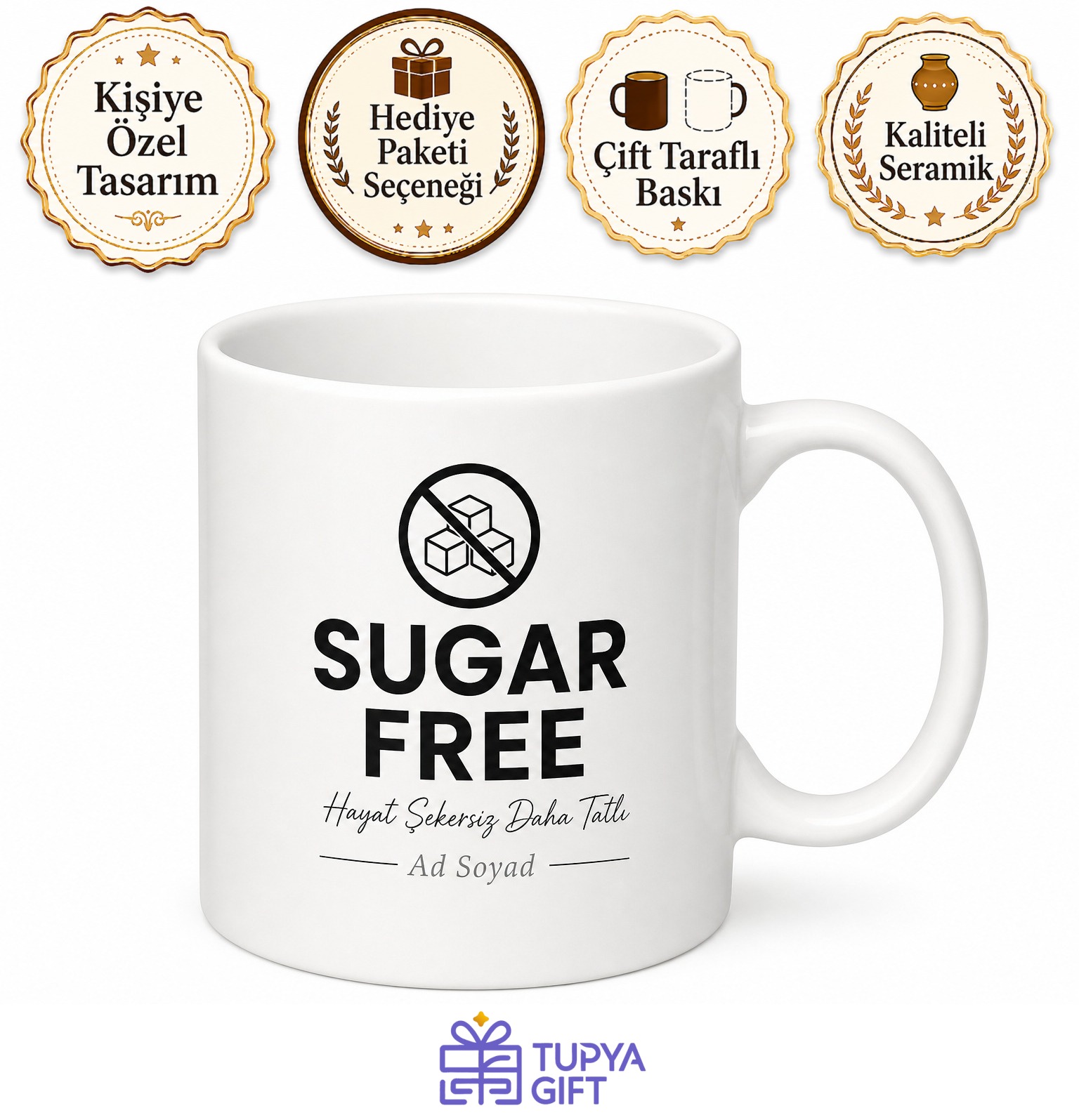 Sugar Free Yazılı Şekersiz İngilizce Kupa Bardak Hediye Porselen Mug