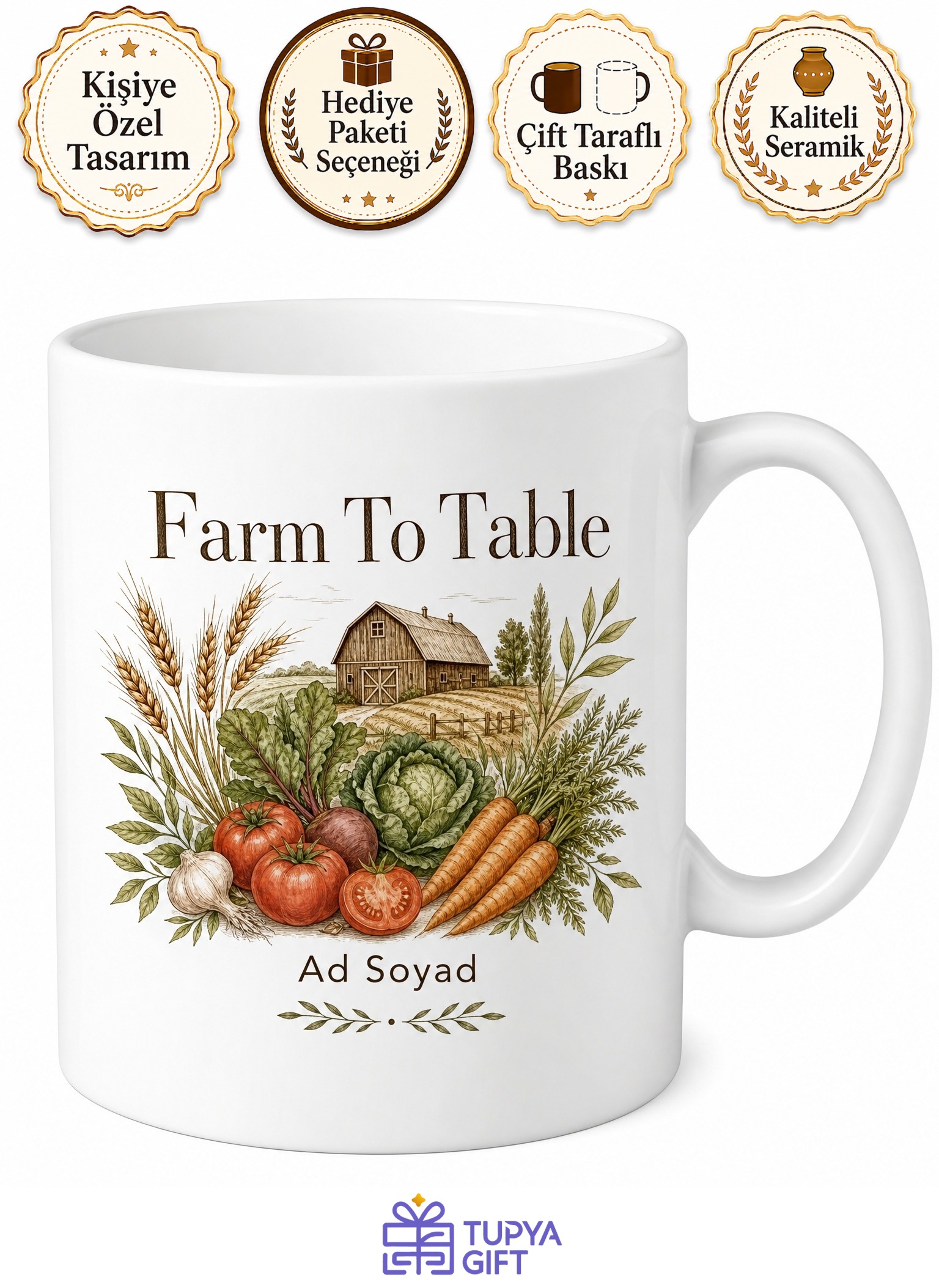 Farm To Table Baskılı Çiftlikten Sofraya İngilizce Çay Kupası Hediye Bardak