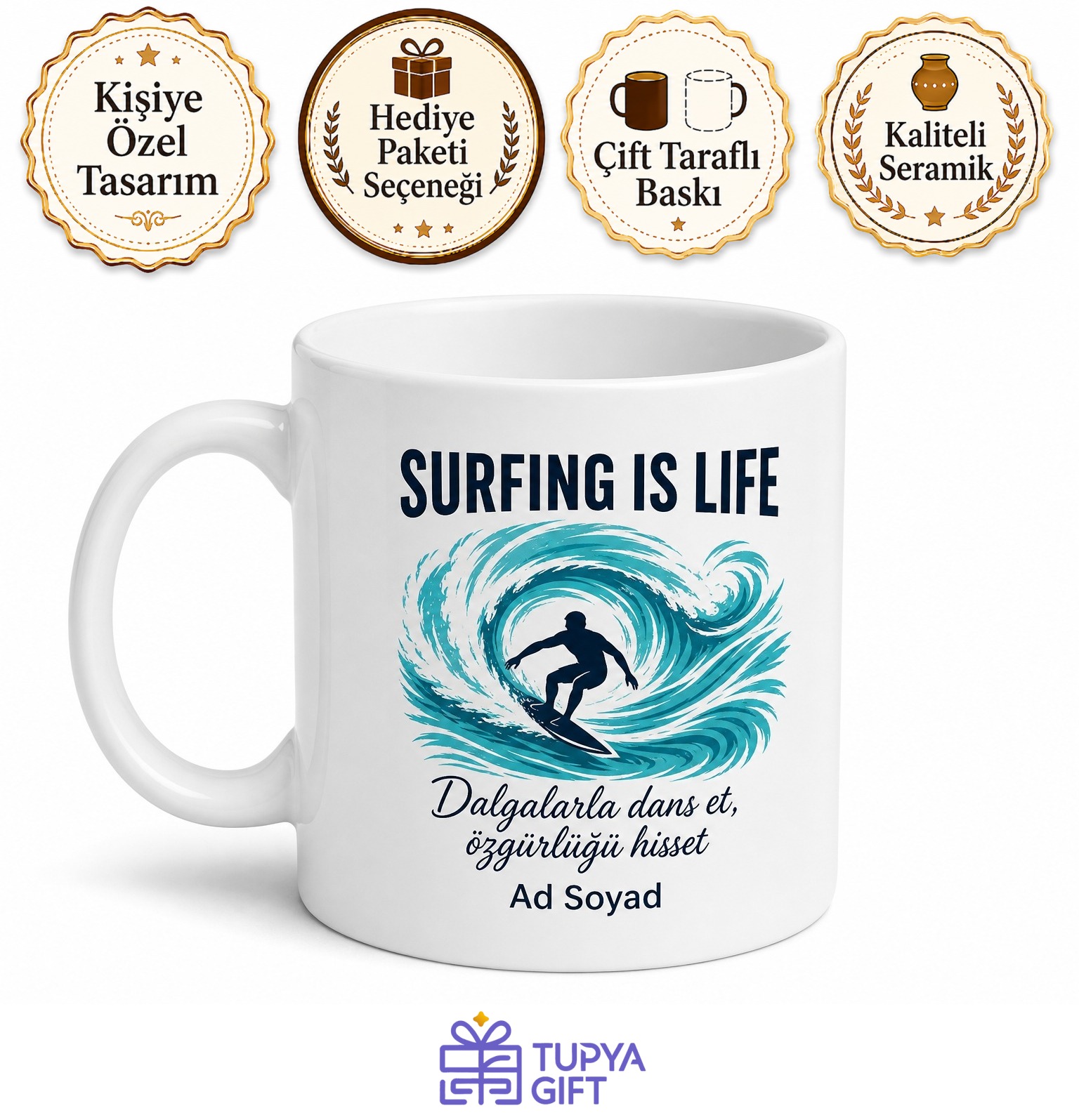 Surfing Is Life Temalı Sörf Hayattır İngilizce Kahve Kupası Hediye Bardak