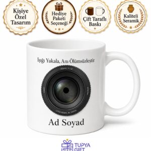 İsimli Kamera Lens Desenli Fotoğrafçı Kupası Hediye Bardak Özel Tasarım