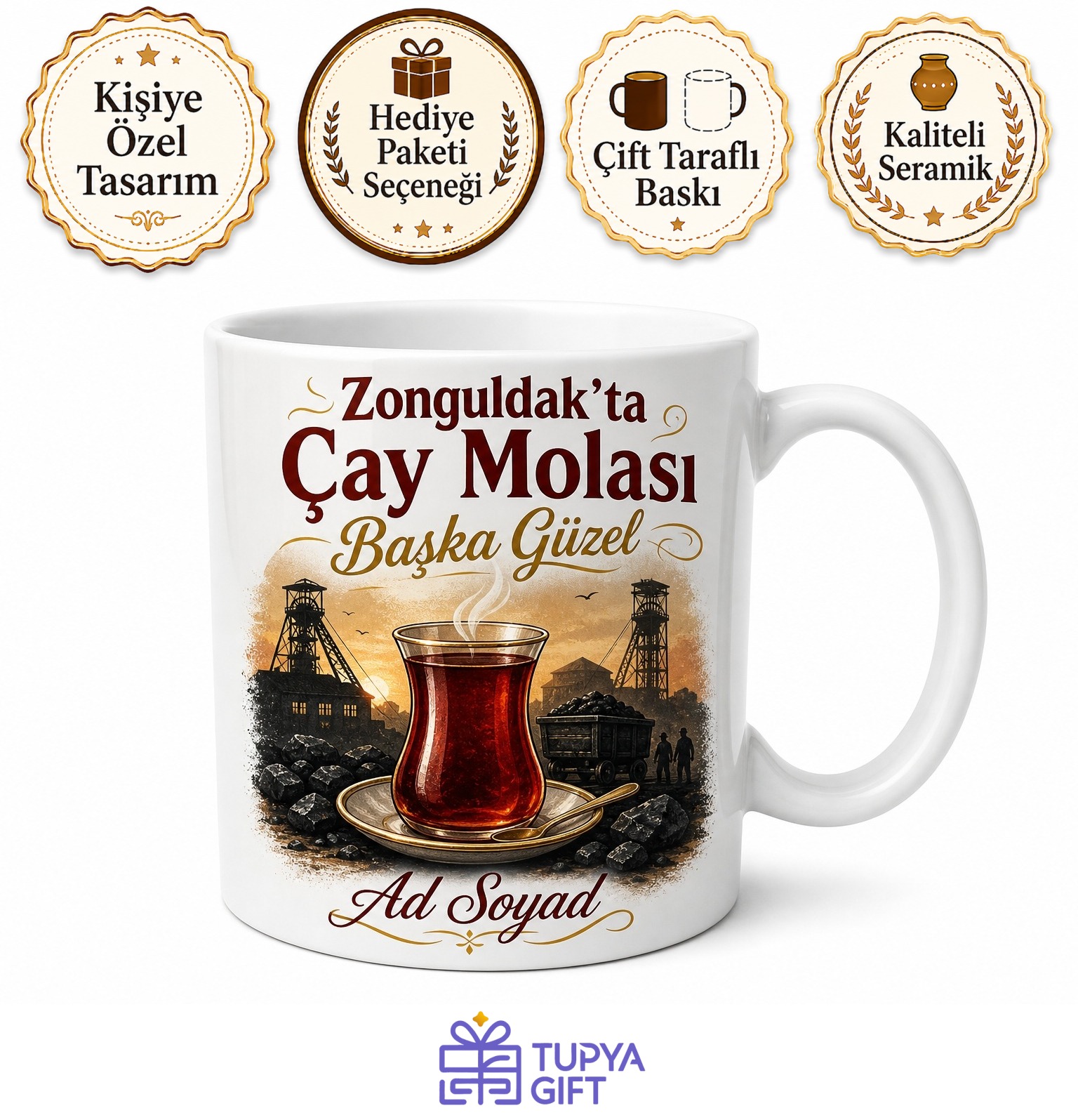 Zonguldak Çay Molası Tasarımlı Kupa Bardak - Özel Tasarım Hediye