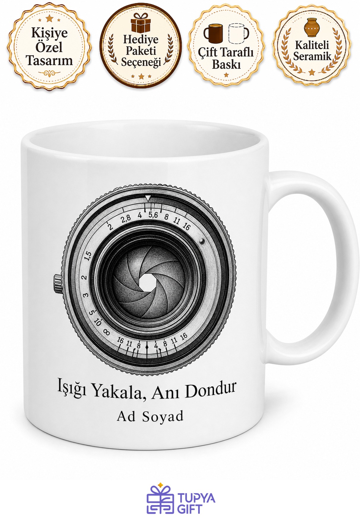 Siyah Beyaz Analog Fotoğraf Makinesi Lens Görünümlü Kupa Bardak Hediye