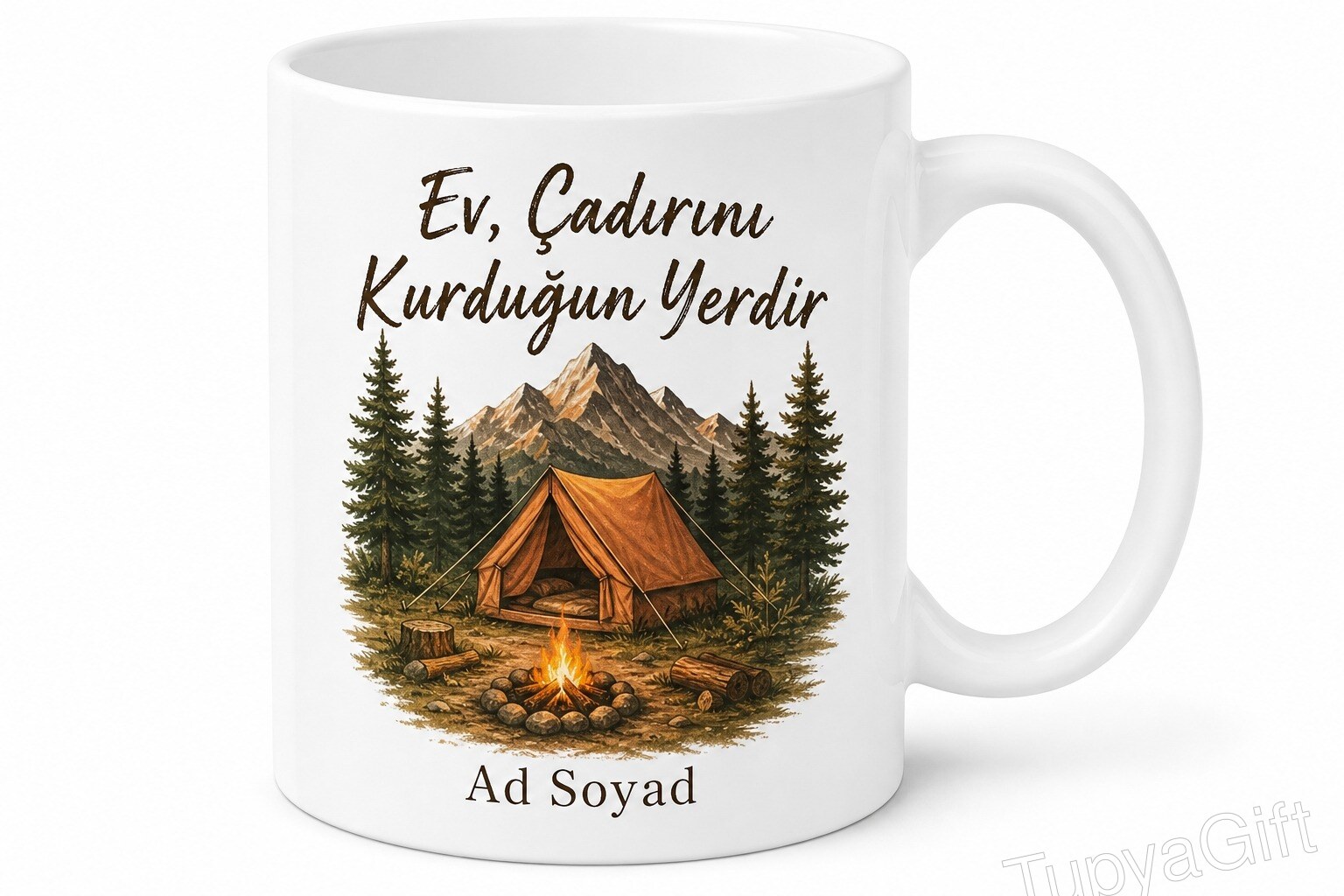 Ev, Çadırını Kurduğun Yerdir Baskılı Kamp Temalı İngilizce Kupa Bardak Hediye