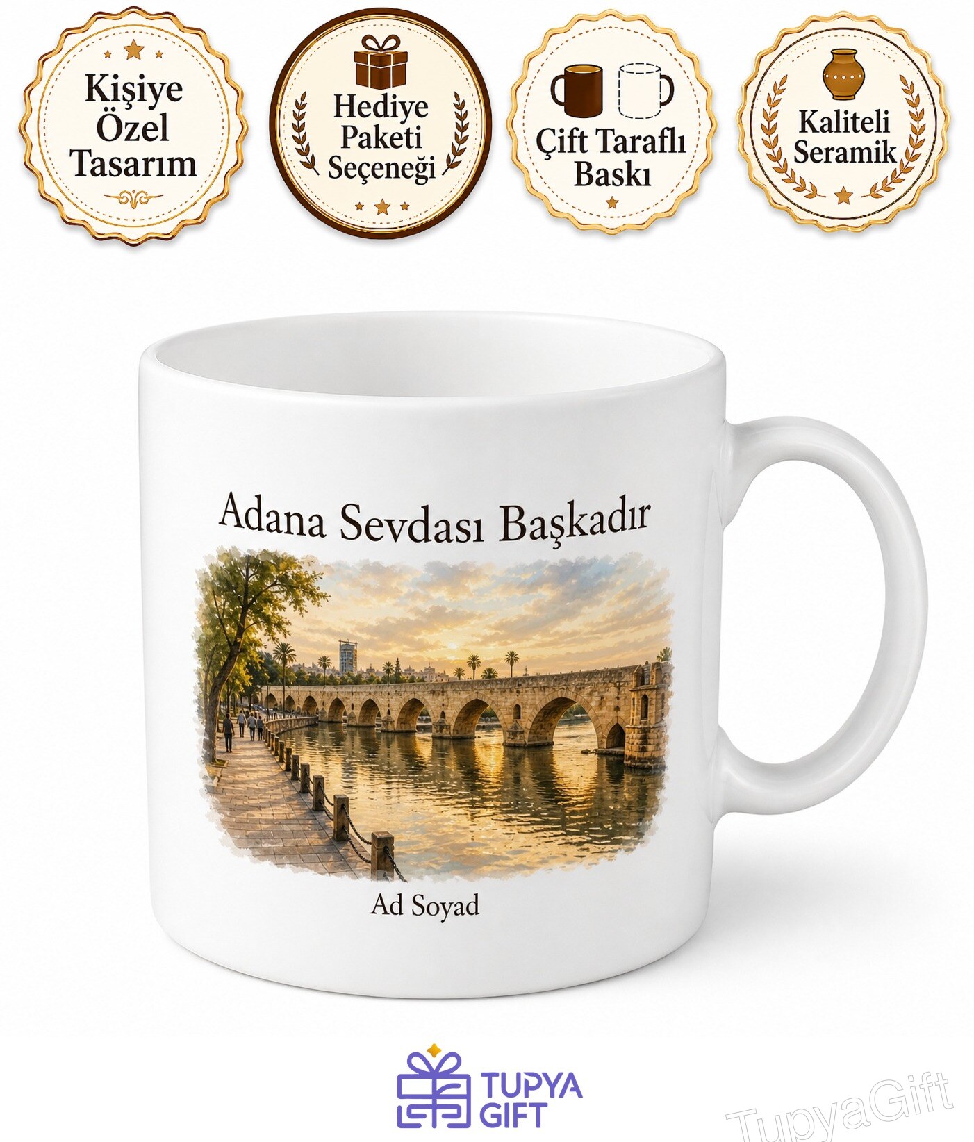 Adana Taşköprü Seyhan Nehri Tarihi Yürüyüş Temalı Adana Kupa Bardak Hediye