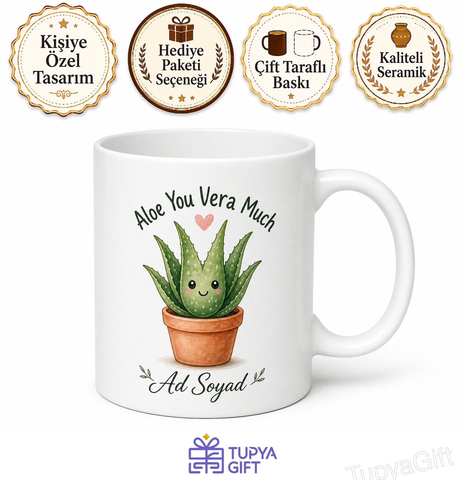 Aloe You Vera Much Baskılı Seni Çok Seviyorum Esprili Bitki Temalı İngilizce Kupa Hediye