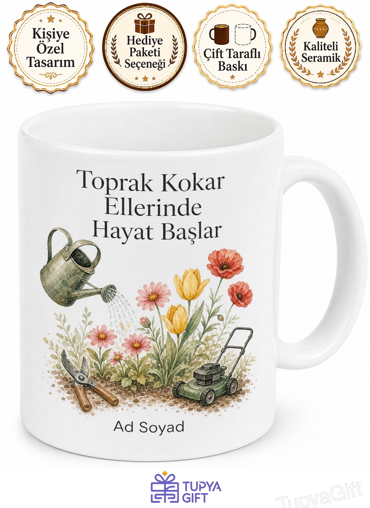Bahçıvana Hediye Bahçe Bakımı Çiçek Sulama Toprak Kokusu Baskılı Porselen Kupa Bardak