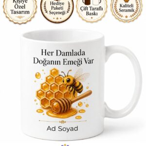 Bal Kullananlara Hediye Petek Bal Süzme Bal Arı Emeği Baskılı Porselen Kupa Bardak