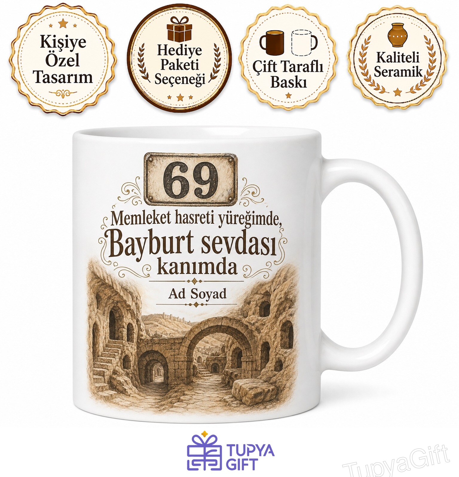 Bayburt Plakalı Aydıntepe Yeraltı Şehri Temalı Memleket Kupa Bardak Hediye