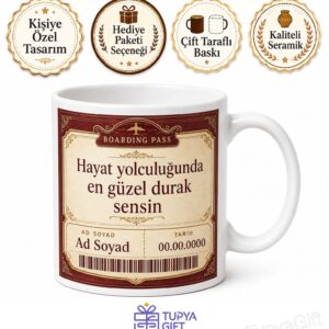 Bilet Görünümlü Hayat Yolculuğu İsimli ve Tarihli Kupa Bardak Hediye