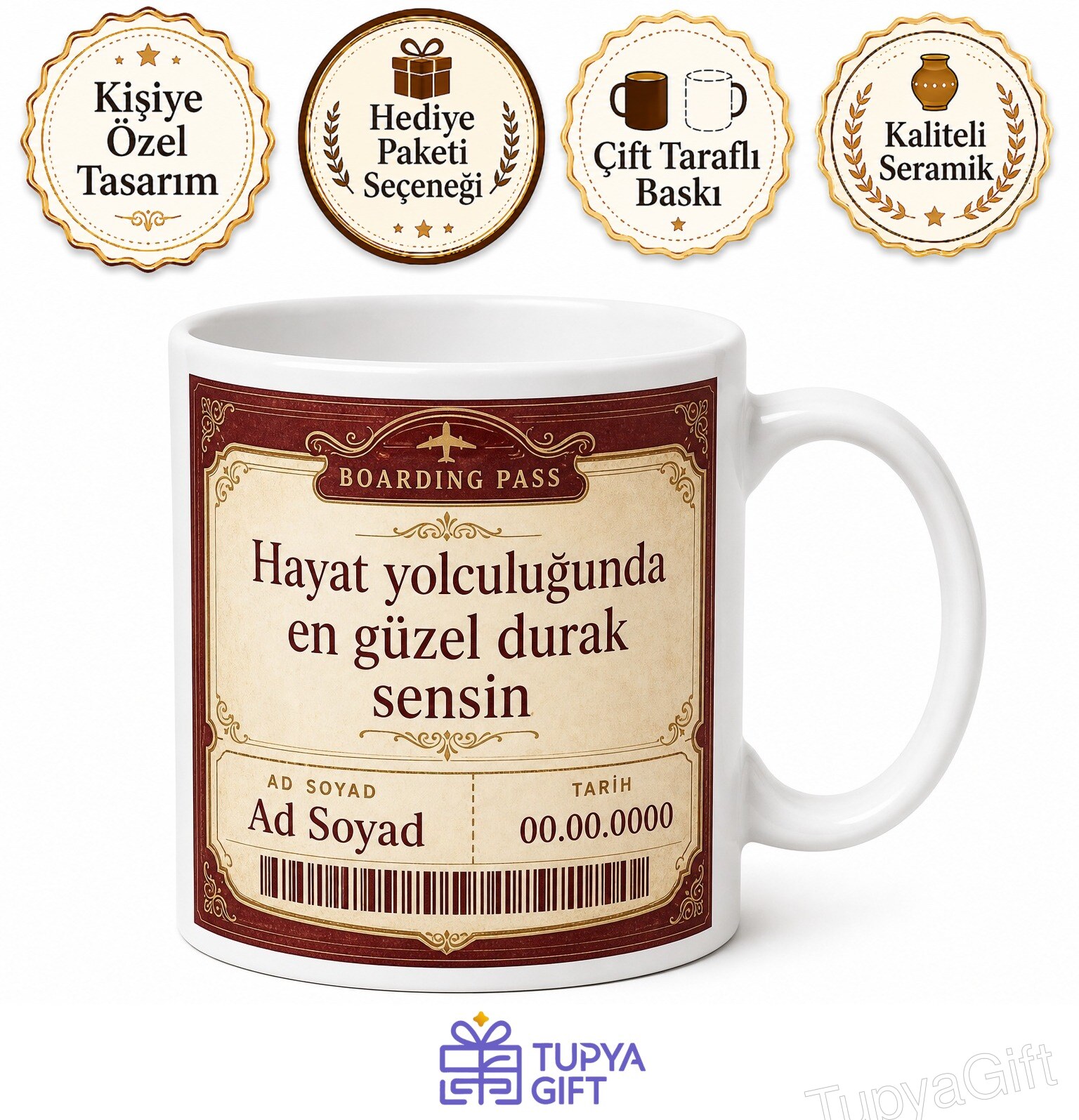 Bilet Görünümlü Hayat Yolculuğu İsimli ve Tarihli Kupa Bardak Hediye