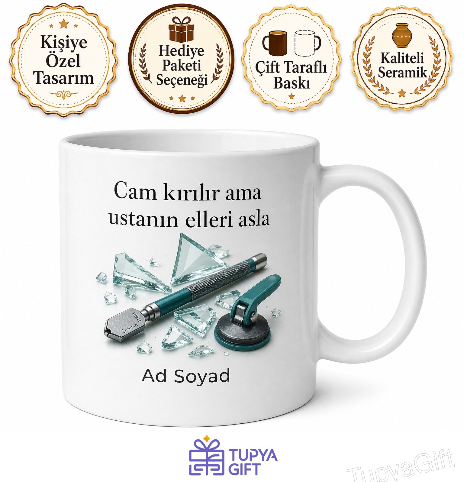 Camcı Ustasına Hediye Kırık Cam Değişimi Elmas Kesici Silikon Çekme Ustalık Kupa Bardak