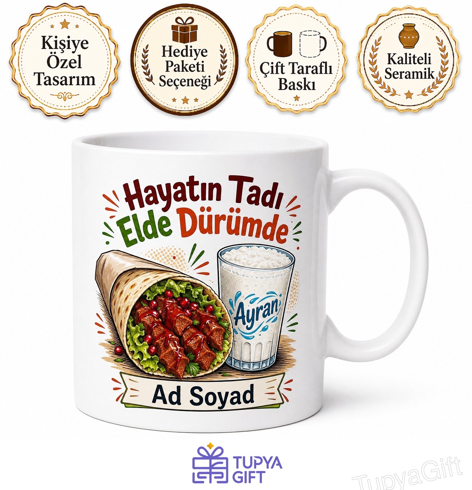 Çiğköfte Yiyenlere Özel Etsiz Çiğköfte Dürüm Ayran Sokak Lezzeti Baskılı Kupa Hediye Bardak