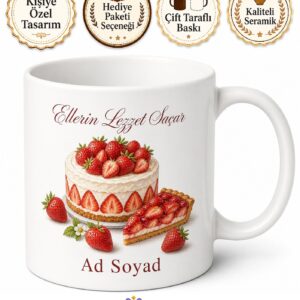 Çilek Tatlısı Yapan Annelere Çilekli Pasta Turta Temalı Kupa Bardak Hediye
