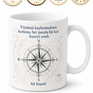 Coğrafya Haritasında Yönünü Kaybedenlere Pusula Desenli Kaşif Kupa Bardak Hediye