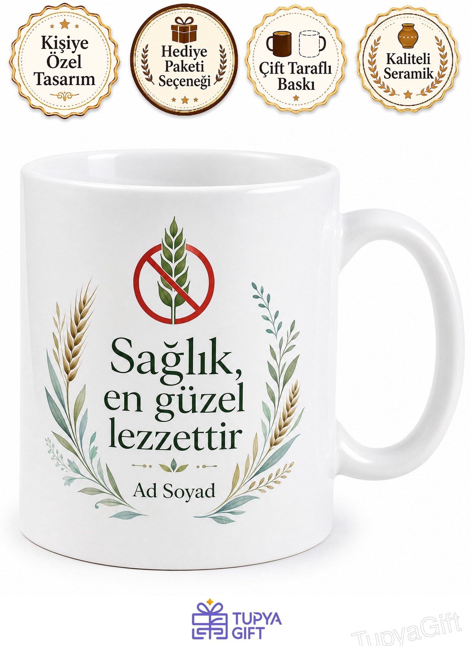 Çölyak Dostu Glütensiz Yaşam Sağlıklı Beslenme Kupası Özel Tasarım Hediye Bardak