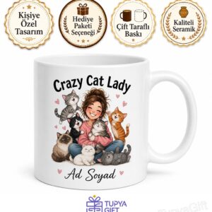 Crazy Cat Lady Baskılı Çılgın Kedi Kadını İngilizce Kahve Kupası Hediye