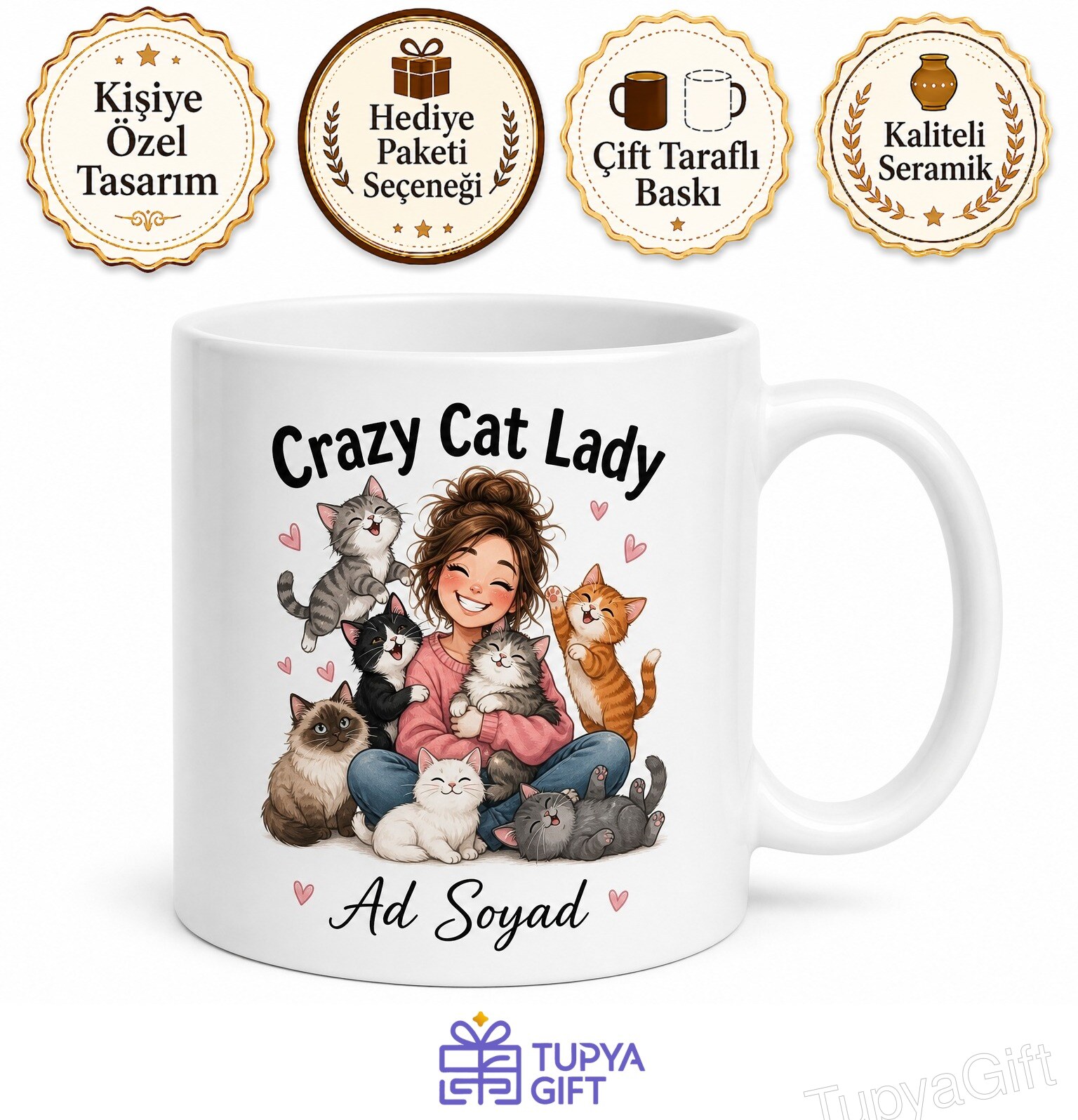Crazy Cat Lady Baskılı Çılgın Kedi Kadını İngilizce Kahve Kupası Hediye