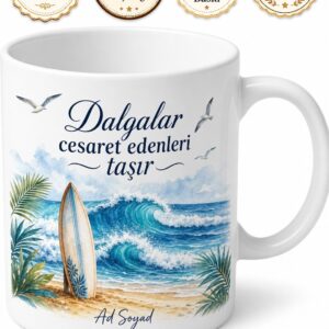 Deniz Dalgası Ve Sörf Temalı Yazlık İsimli Hediyelik Seramik Kupa Bardak Hediye