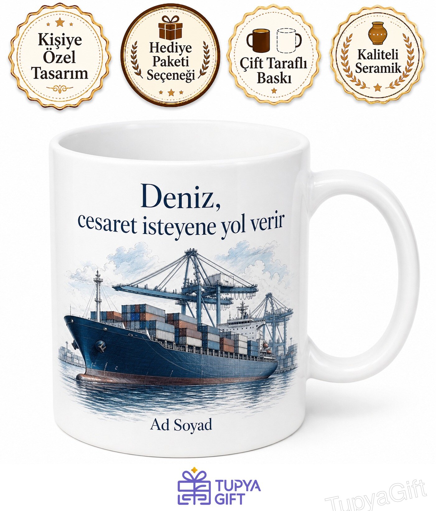 Denizcilik Liman Konteyner Taşımacılığı Gemi İnşası Temalı Porselen Kupa Bardak Hediye